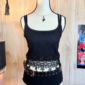 Women's Vintage Small Black Ribbed Lace Fringe Crop Tank Top 90s 2000s